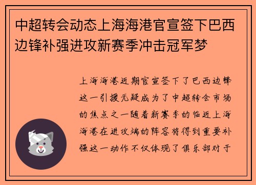 中超转会动态上海海港官宣签下巴西边锋补强进攻新赛季冲击冠军梦 中超转会动态上海海港官宣签下巴西边锋补强进攻新赛季冲击冠军梦